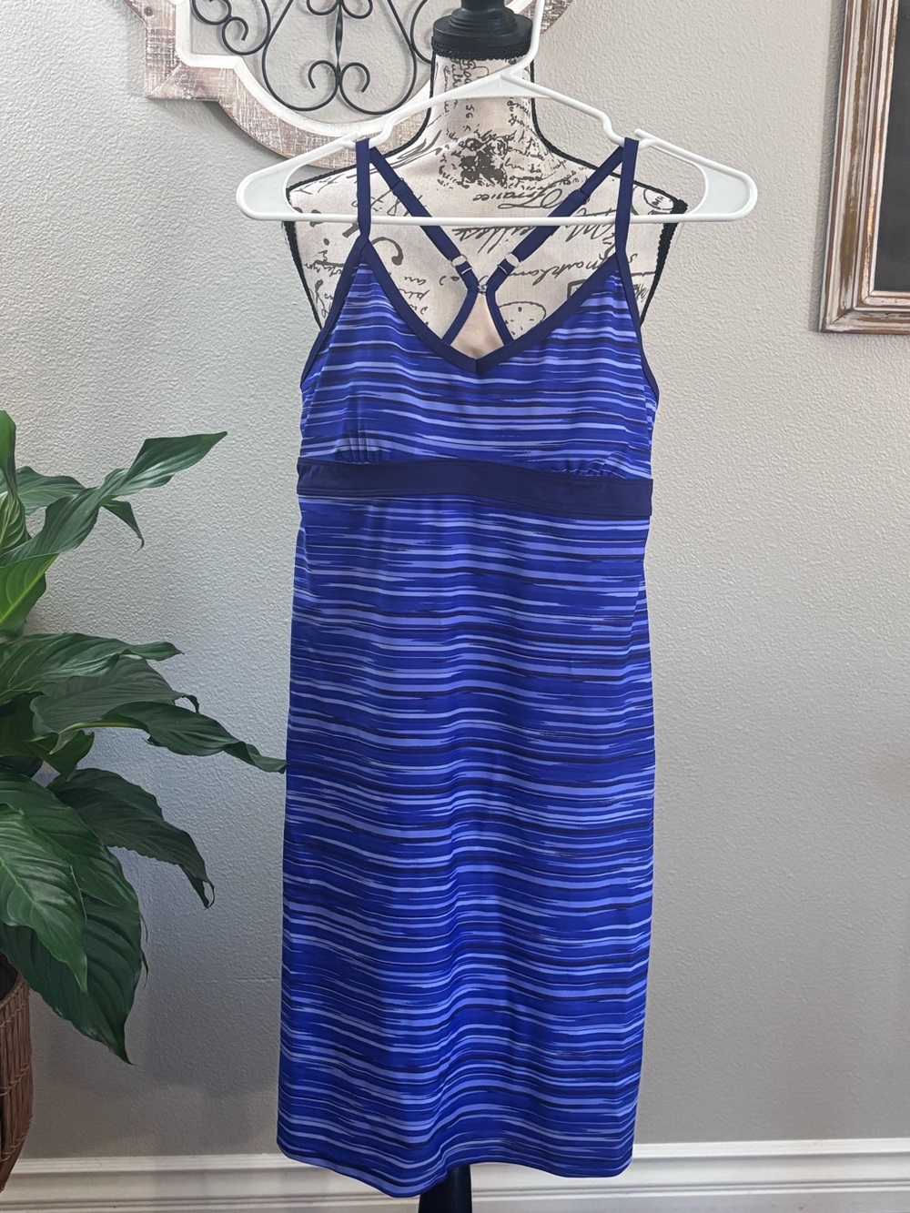 Athleta Blue Striped Racerback Tank with Pink Trim